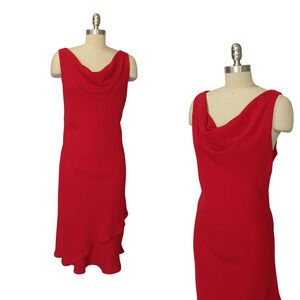 Vintage 90s Red Midi Slip Dress Size M L Bias Cut Layered Cowl Neck Draped Crepe